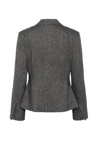 Maßgeschneiderter grauer Blazer mit Peplum-Taille, langen Ärmeln und Reverskragen. Texturiertes Gewebe mit subtilen, tonalen Mustern.