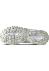 Semelle d'une chaussure de course blanche avec des motifs d'adhérence texturés et un logo de marque visible sur la zone du médio-pied.