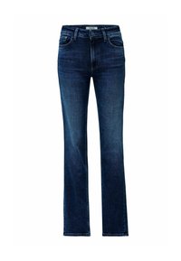 Jeans de mezclilla azul oscuro de pierna recta con una cintura de altura media, cinco bolsillos y un leve desgaste. Diseño clásico con costuras resistentes.