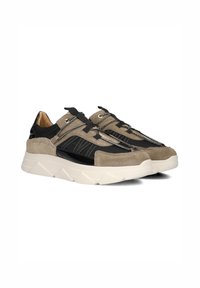 Chunky sneakers in beige suède en zwart gaas, met metalen accenten, stijlvolle veters en een gestructureerde witte rubberen zool.