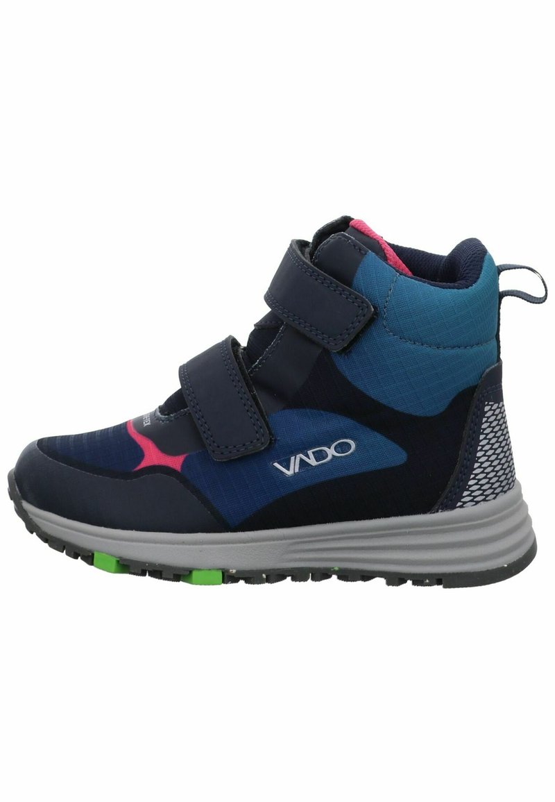 Zapatillas de media caña con parte superior en azul marino y teal, detalles en rosa y dos correas de Velcro. Suela gris con destacadas verdes. Paneles texturizados.