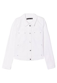 Witte spijkerjas met een kraag, knoopsluiting, twee voorzakken en accenten van zilverkleurig beslag. Eenvoudige, platte textuur en een getailleerde pasvorm.