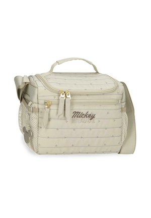 Bolsa de almuerzo aislada beige con múltiples compartimentos con cremallera, bolsillos laterales de malla, asa acolchada, correa ajustable y marca "Mickey Mouse".