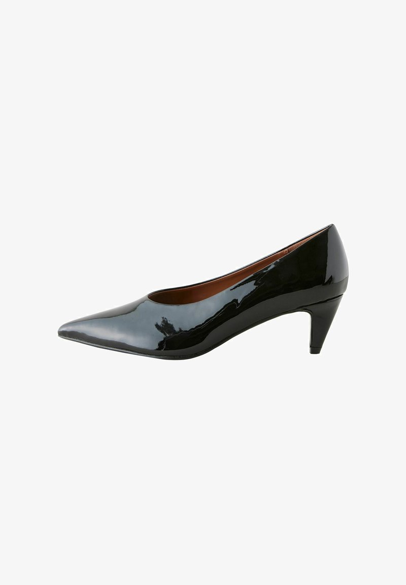 Bottines noires en cuir verni avec un bout pointu et un talon conique de 5 cm. Texture lisse, finition brillante, sans quincaillerie ni accents visibles.