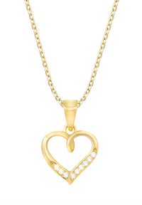 Goldenes herzförmiges Anhängerhalskette mit glatter Oberfläche und sechs eingesetzten klaren Strasssteinen entlang einer Seite. Kettenverbund-Design.