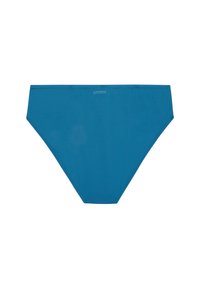 Modré plavky ve tvaru slipů vyrobené z hladkého, elastického materiálu. Mají klasický střih s vysokým pasem a minimálními švy.