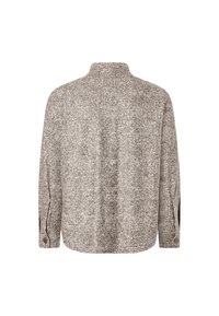 Kostkovaná košile s knoflíky v odstínech béžové a šedé; texturovaná látka s límečkem a dlouhými rukávy; zobrazeno zezadu.