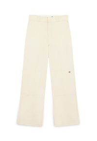 Crème-kleurige wijde broek met een soepele textuur, zijzakken en een logo-label op de onderzijde van het linkerbens.