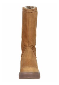 Hohe braune Wildlederstiefel mit einem weichen Fellfutter oben, ausgestattet mit einer Gummisohle und dekorativer Naht am Schaft.