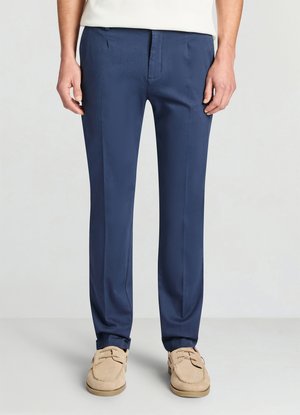 Navy blue tailored trousers made of smooth fabric, featuring a flat front, subtle crease details, and a straight leg fit.