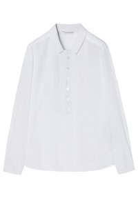 White long-sleeve blouse made of lightweight fabric, featuring a buttoned placket, pointed collar, and a straight cut with side slits.