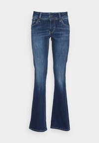 Mörkblå vida jeans i denim; har dragkedja med knäppning, fem fickor och kontrasterande gula sömnadsdetaljer.