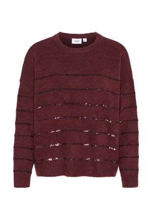 Pulover tricotat în nuanță de vișiniu, cu dungi orizontale din paiete negre, decolteu rotund și mâneci lungi. Textură moale și design confortabil.
