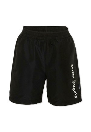 Shorts neri con vita elastica e "Palm Angels" stampato verticalmente in bianco con carattere gotico sulla gamba destra.