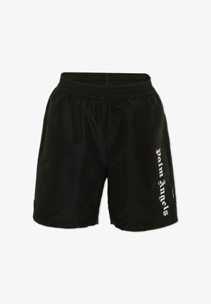 Zwarte shorts met elastische taille en de tekst "Palm Angels" in witte Gotische letters verticaal gedrukt op het rechterbeen.