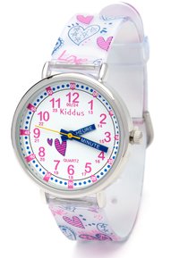 Montre à quartz avec boîtier en métal argenté, cadran blanc, chiffres roses, aiguilles des heures et des minutes bleues. Le bracelet transparent est orné de motifs colorés en forme de cœur.