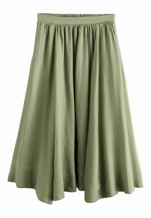 Hellgrüner Midirock mit gesammeltem elastischem Bund und fließenden, weichen Stoffbahnen.