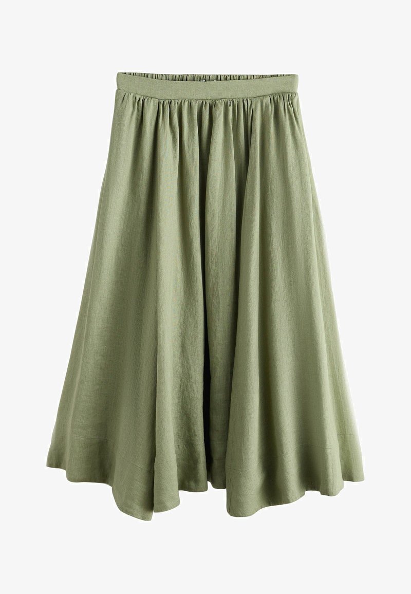 Jupe midi vert clair avec taille élastique froncée et panneaux de tissu doux et fluides.