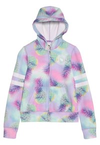 Hoodie zippé aux couleurs pastel, arborant un motif d'ananas. Il possède une capuche, deux poches avant et des rayures blanches sur les manches.