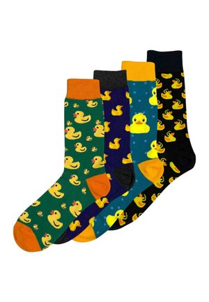 Vier kleurrijke sokken met rubberen eendjespatronen in groen, marineblauw, blauwgroen en zwarte achtergronden, elk met contrasterende hiel- en boordkleuren.