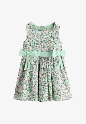 Mouwloze peuterjurk met pastelkleurige groene bloemenprint, geplooide rok en twee mintgroene stoffen strikken aan de taille.
