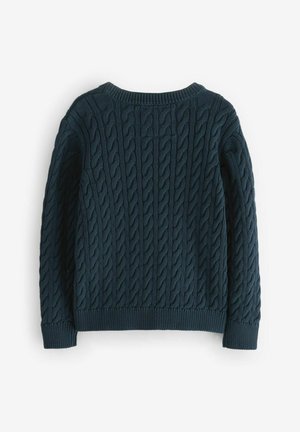 Suéter de punto azul marino con un patrón de trenzas texturizado, cuello, puños y dobladillo acanalados. La parte trasera es lisa sin detalles adicionales.