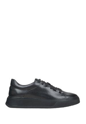 Black leather sneakers with a smooth texture, featuring a rounded toe, six eyelets, and a textured rubber sole for grip.