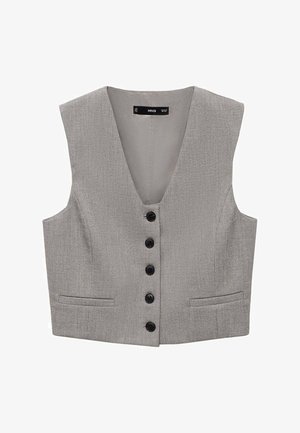 Sivi prsluk s V-izrezom, šest crnih dugmadi i dva prednja džepa. Izrađen od teksturiranog materijala s krojem prilagođenim tijelu.