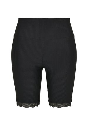 Shorts noirs à côtes avec une taille haute et une dentelle au bas, présentant une texture lisse et un design ajust�é.