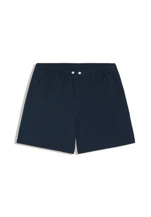 Donkerblauwe casual shorts met subtiele verticale strepen, elastische tailleband met twee witte knopen en zijzakken.