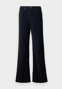 Pantalon en velours côtelé bleu marine foncé avec jambes larges, bouton à l'avant, fermeture éclair et poches latérales.