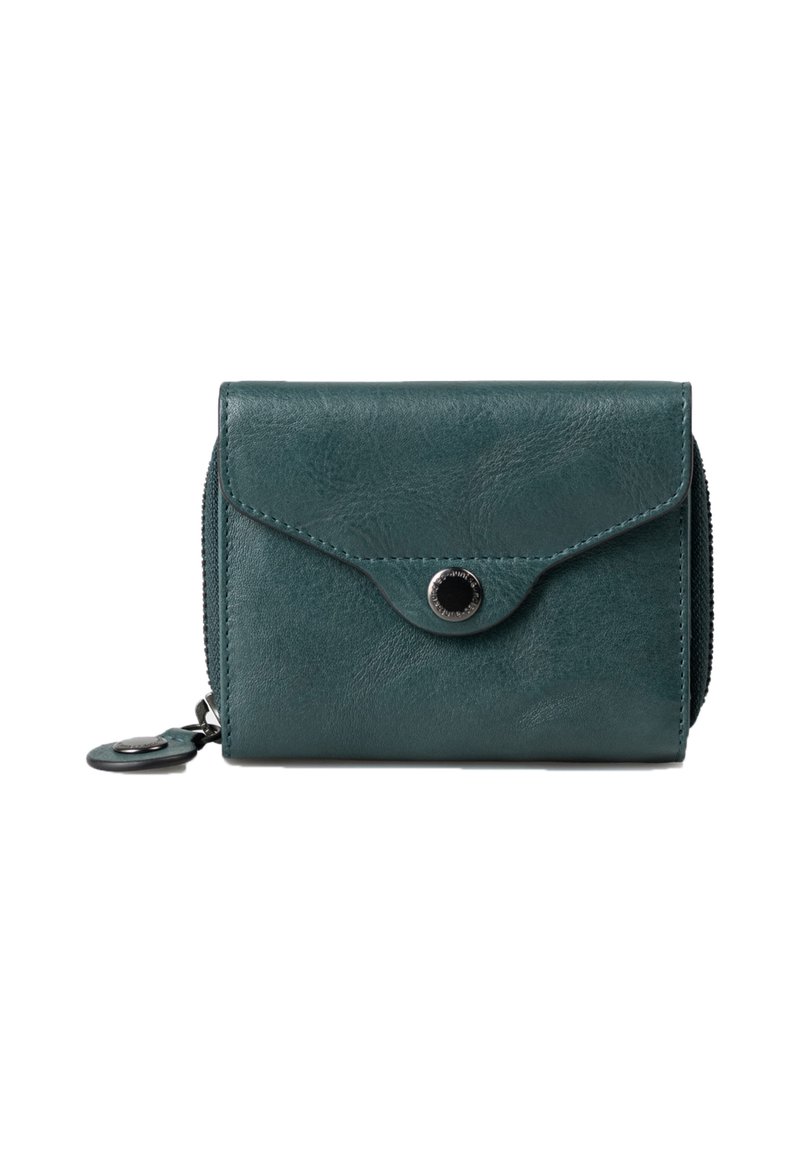 Teal leather wallet with a sleek design, featuring a snap closure, zippered compartment, and a small attachment loop. Smooth texture.