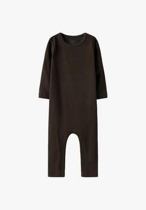 Donkebruine geribbelde romper met lange mouwen, voorzien van een ronde hals en open broekspijpen voor gemakkelijke beweging. Zachte textuur en eenvoudig design.