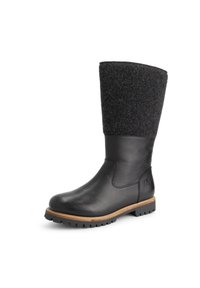 Zwarte leren en donkergrijze wollen laarzen tot halverwege de kuit met een tan kleurige zoolrand en profielzool, schuin naar links op een witte achtergrond.