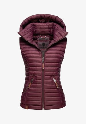 Ærmeløs maroon quiltet puffer vest med høj polstret krave og frontlynlås, der har to lynlåslommer på siden.