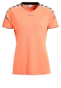 Tričkové s krátkým rukávem, výstřihem do V, ve světlé oranžové barvě, s černými akcenty na ramenou a texturovanou tkaninou s logem na přední straně.