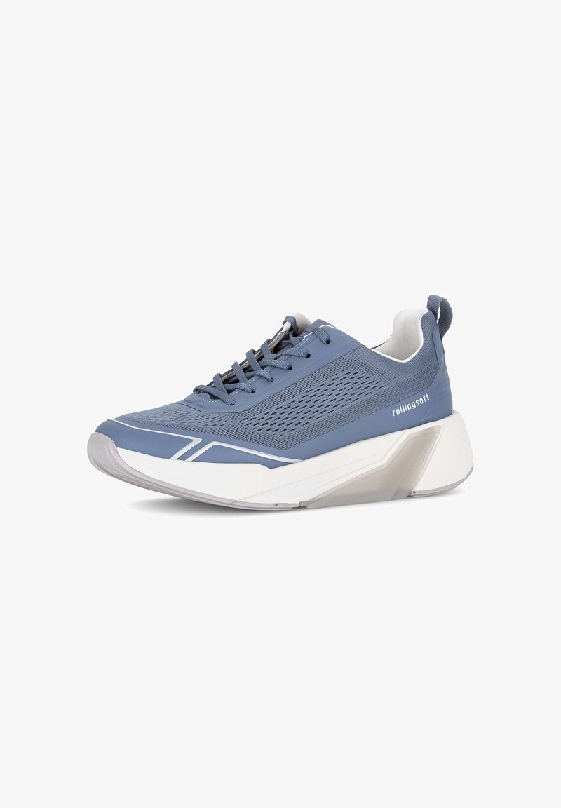 Chaussure de sport bleue avec une semelle épaisse blanche, empeigne en mesh, lacets, et marquage "rollingsoft" sur le côté, présentée sur fond blanc.