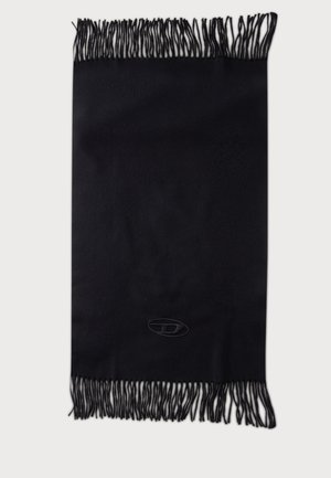 Écharpe rectangulaire noire avec des bords frangés sur les deux côtés les plus courts et un petit logo brodé près d'une extrémité.