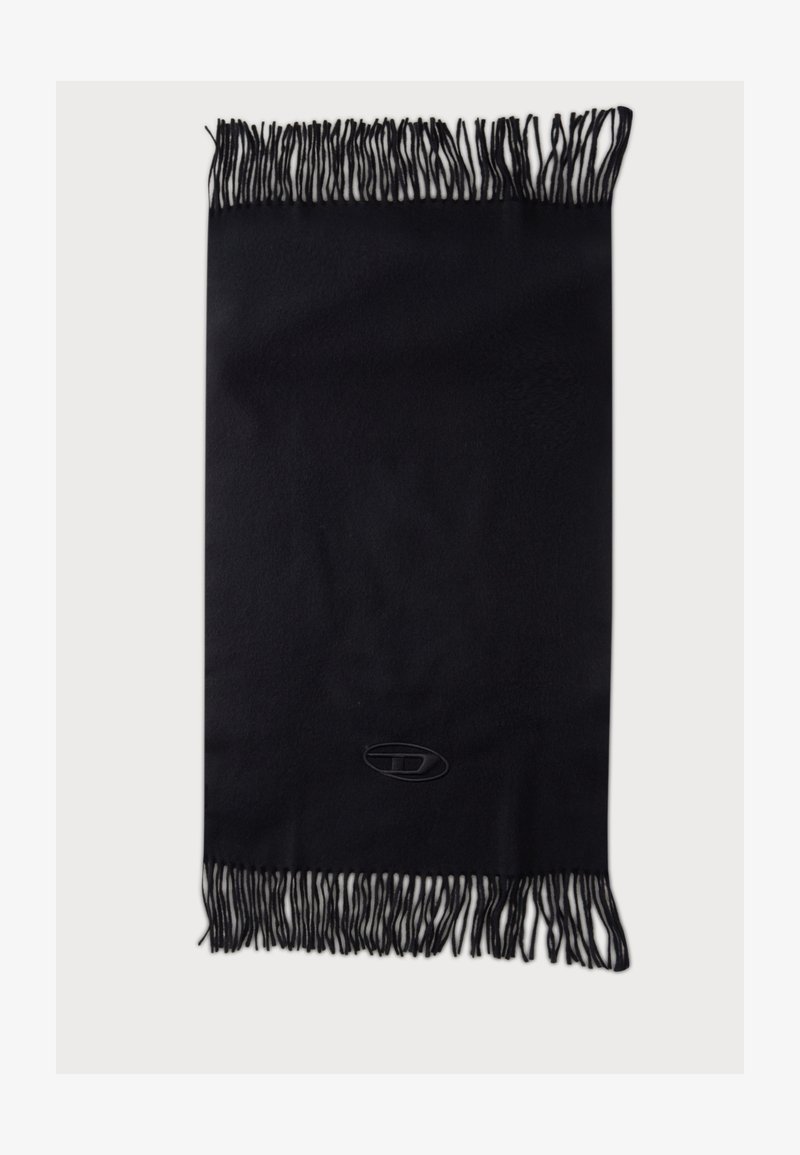 Écharpe rectangulaire noire avec des bords frangés sur les deux côtés les plus courts et un petit logo brodé près d'une extrémité.