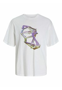 T-shirt bianco in cotone con una grande grafica iridescente in viola e verde, caratterizzata da forme angolari e punte sul davanti.