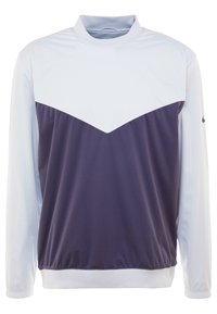 Mikina s vysokým límcem, bílou a tmavě modrou barevnou kombinací a texturovaným povrchem. Zahrnuje elastické manžety a lem.