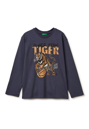 Granatowa koszulka z długim rękawem z bawełny z grafiką tygrysa kozłującego piłkę koszykową, z napisem "POWER TEAM TIGER" oraz "BASKETBALL LIFE 1965."