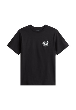 T-shirt noir à manches courtes Vans avec petit logo blanc et motif crâne sur le côté gauche de la poitrine.