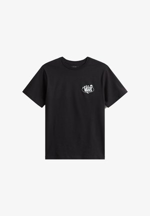 Czarna koszulka Vans z krótkim rękawem, z małym białym logo i grafiką czaszki na lewej piersi.