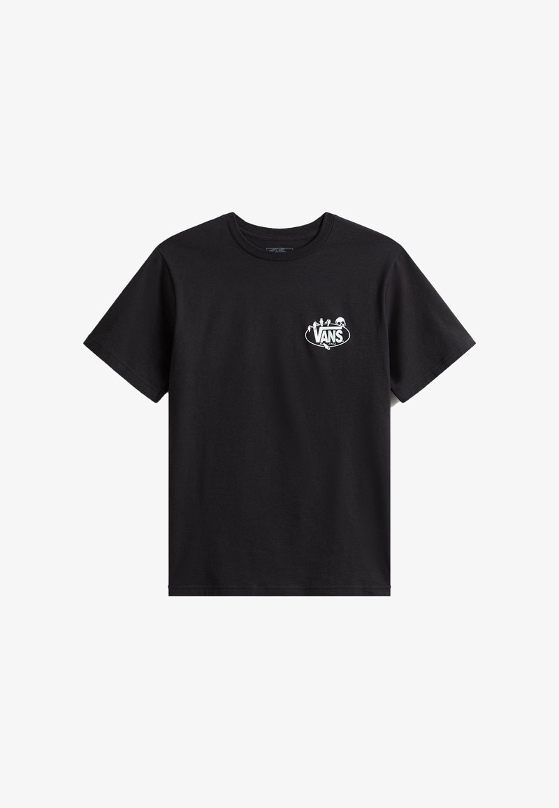 T-shirt noir à manches courtes Vans avec petit logo blanc et motif crâne sur le côté gauche de la poitrine.