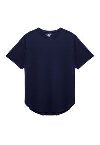 Granatowy T-shirt z krótkim rękawem wykonany z gładkiego materiału. Posiada okrągły dekolt oraz lekko zaokrąglony dół.