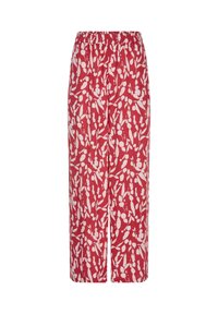 Pantalon rouge à jambes larges avec des motifs abstraits de feuilles blanches et une taille élastique.