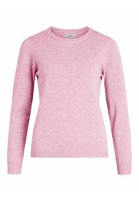 Rosa stickad tröja med långa ärmar, rund halsringning och ribbad nederkant och ärmslut. Slät textur, inga mönster eller utsmyckningar.