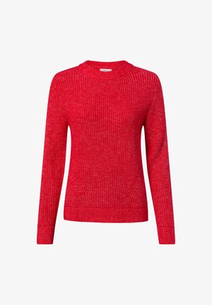 Roter, gestrickter Pullover mit rundem Ausschnitt, langen Ärmeln und strukturiertem Rippenmuster. Verfügt über einen taillierten Saum und seitliche Details für zusätzlichen Akzent.