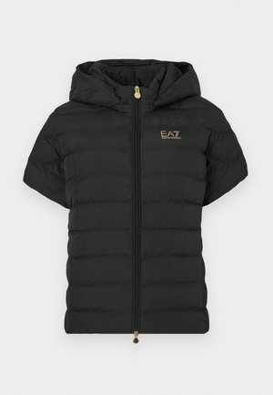 Casaco curto acolchoado preto de manga curta com capuz, textura acolchoada horizontal, logótipo dourado no peito e fecho de correr frontal.